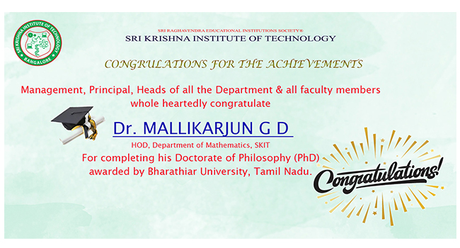 congratulating Dr. Mallikarjun G D for 
                                 completing Ph.D.